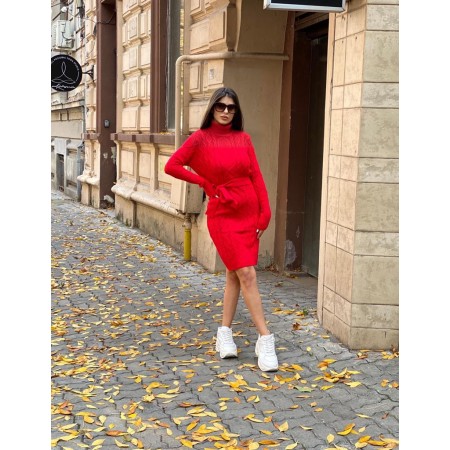 Rochie ieftina scurta din tricot rosie cu guler inalt si model impletit